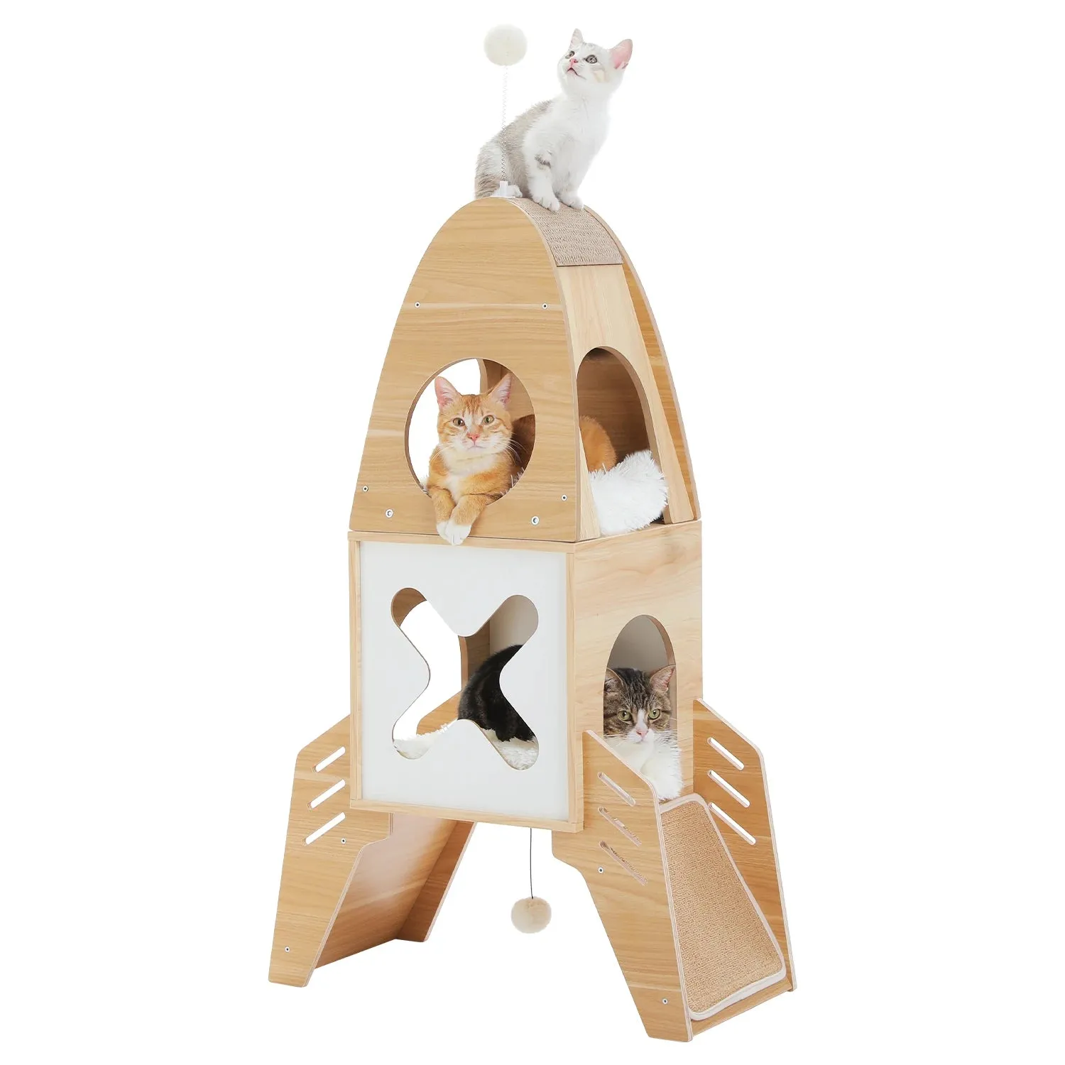 109cm Rocket-Shaped Cat Tree Tower with 2 Condos, Sisal Scratch Pads, Toys Wooden Design