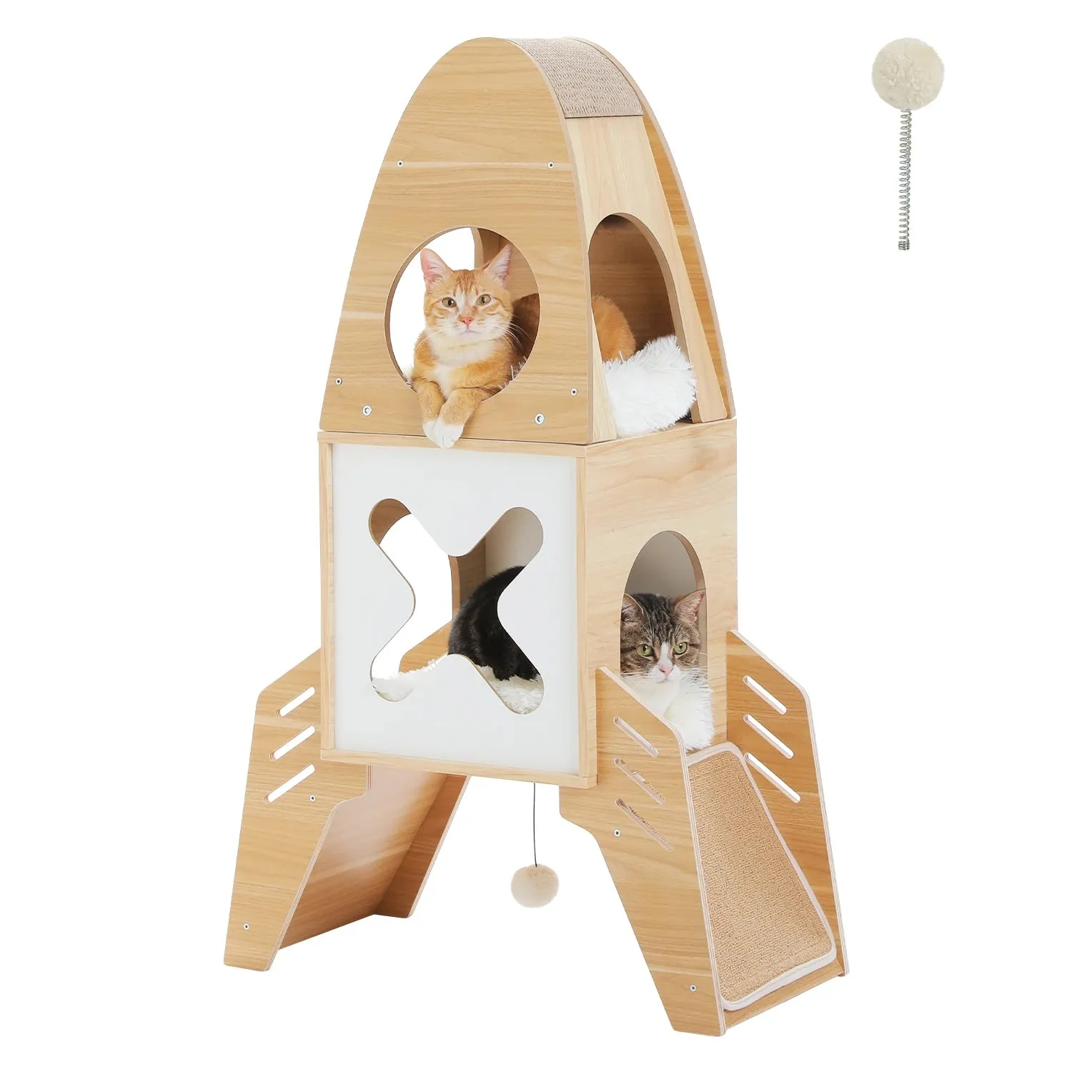 109cm Rocket-Shaped Cat Tree Tower with 2 Condos, Sisal Scratch Pads, Toys Wooden Design