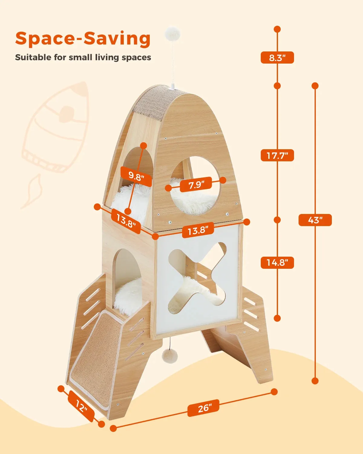 109cm Rocket-Shaped Cat Tree Tower with 2 Condos, Sisal Scratch Pads, Toys Wooden Design