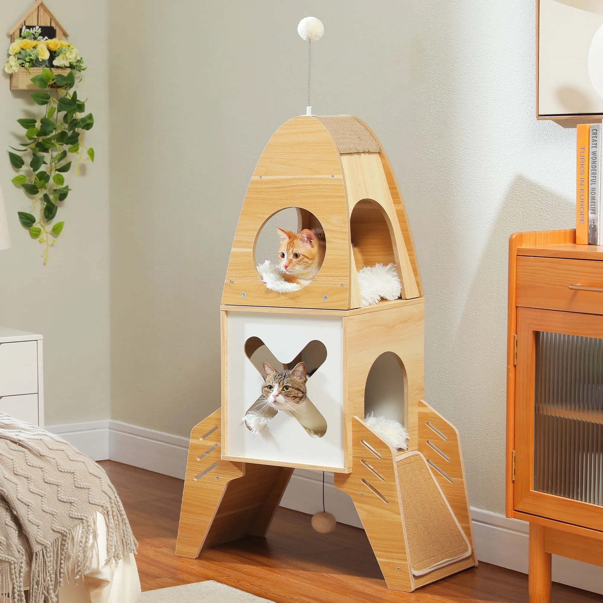 109cm Rocket-Shaped Cat Tree Tower with 2 Condos, Sisal Scratch Pads, Toys Wooden Design