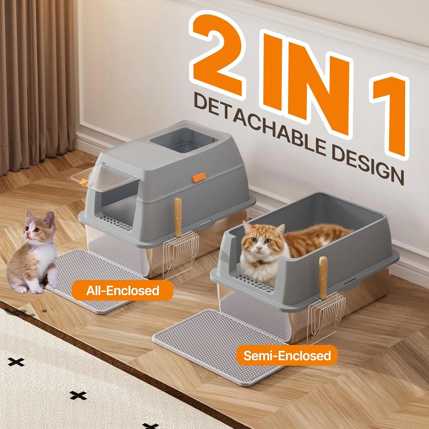 2 Pack Stainless Steel Litter Box with Lid, 8 Deep Pan, Extra Large Litter Box for Big Cats, Anti-Leakage, Odor Free, Front & Top Dual Entry, Includes Litter Mat & Metal Scoop