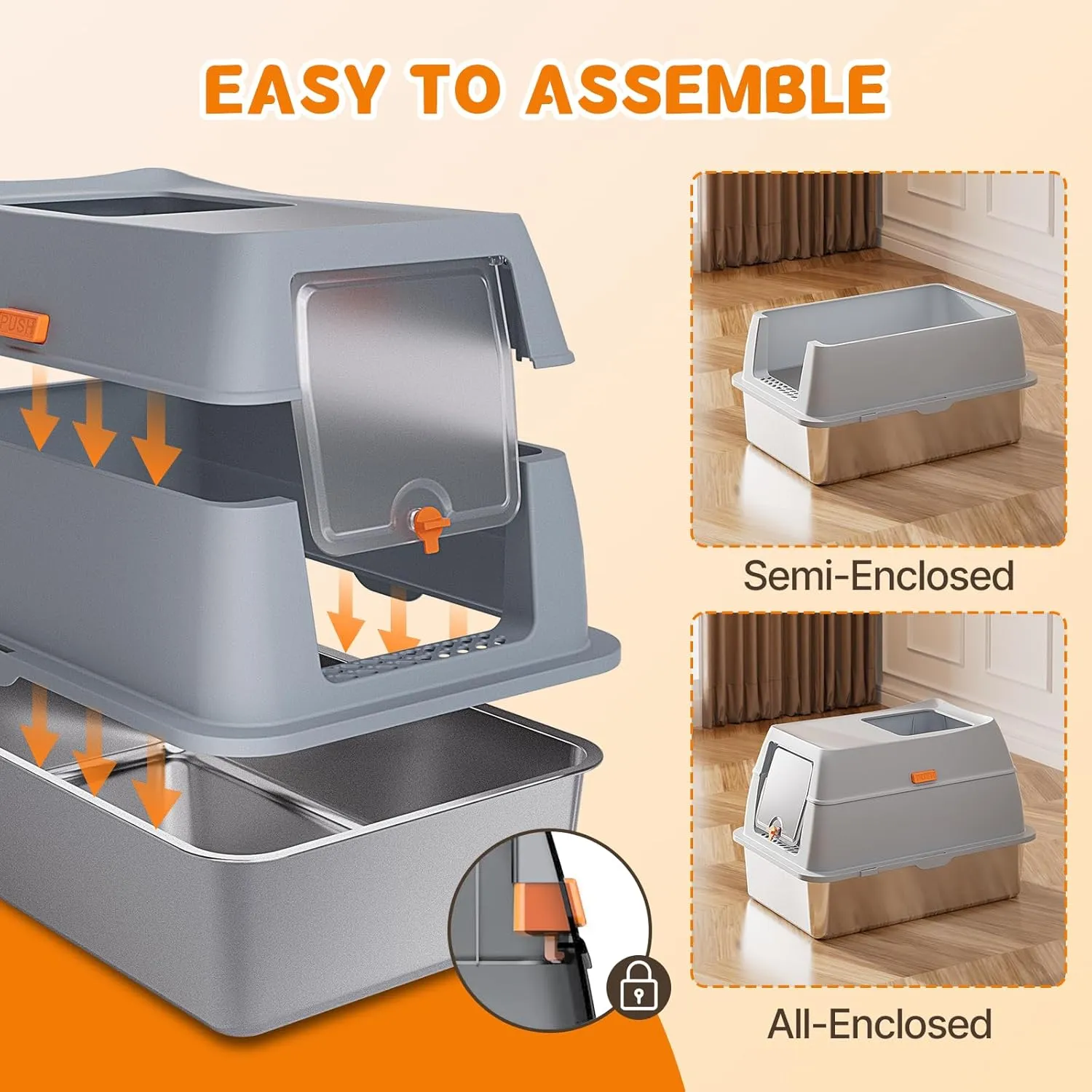 2 Pack Stainless Steel Litter Box with Lid, 8 Deep Pan, Extra Large Litter Box for Big Cats, Anti-Leakage, Odor Free, Front & Top Dual Entry, Includes Litter Mat & Metal Scoop