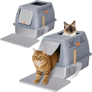 2 Pack Stainless Steel Litter Box with Lid, 8 Deep Pan, Extra Large Litter Box for Big Cats, Anti-Leakage, Odor Free, Front & Top Dual Entry, Includes Litter Mat & Metal Scoop