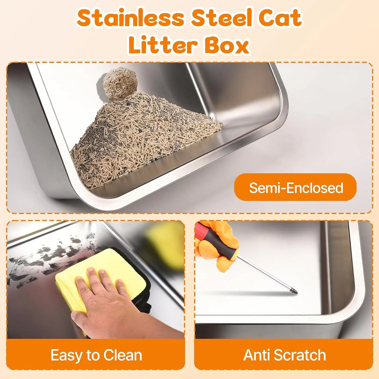 2 Pack Stainless Steel Litter Box with Lid, 8 Deep Pan, Extra Large Litter Box for Big Cats, Anti-Leakage, Odor Free, Front & Top Dual Entry, Includes Litter Mat & Metal Scoop