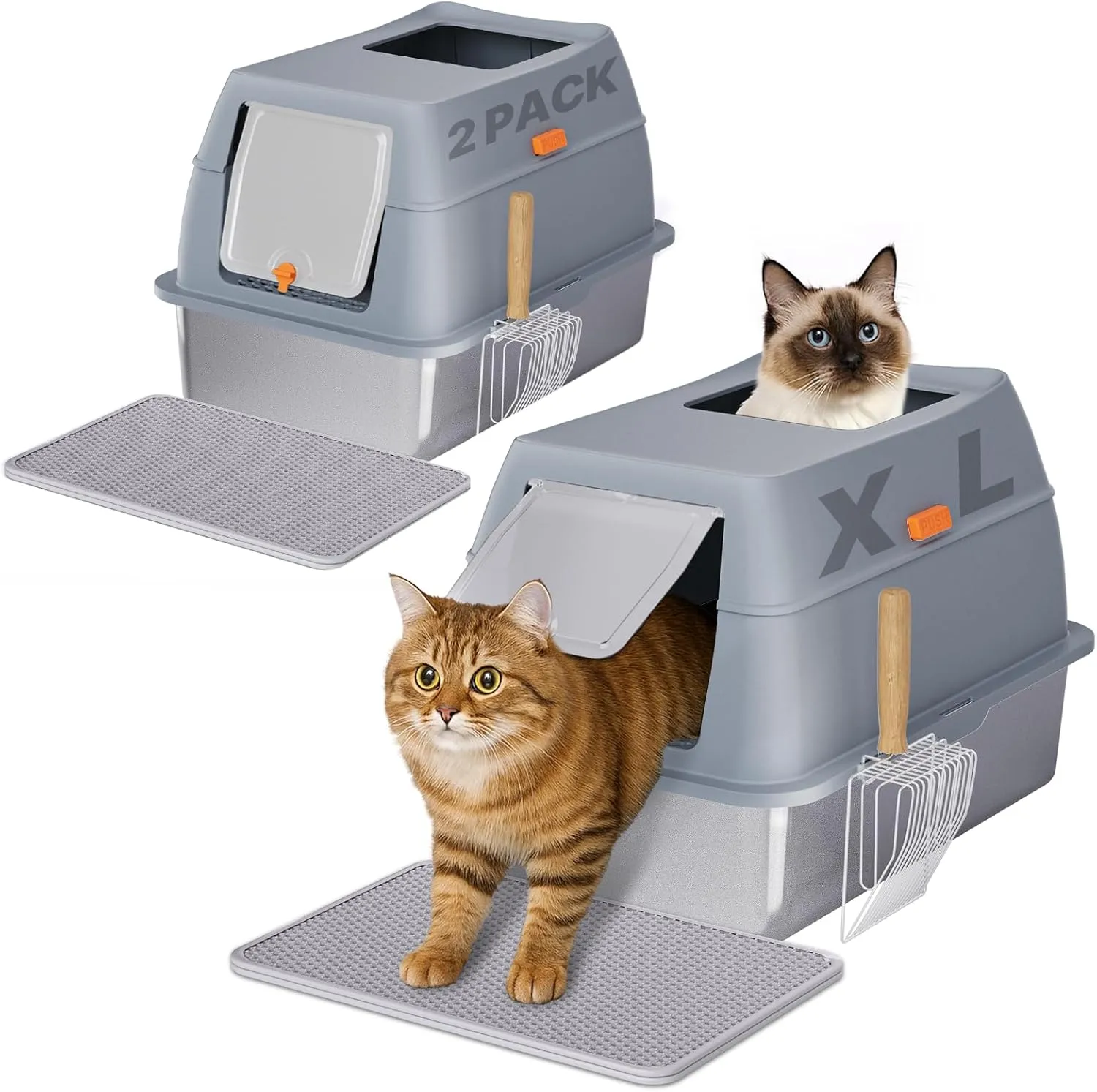 2 Pack Stainless Steel Litter Box with Lid, 8 Deep Pan, Extra Large Litter Box for Big Cats, Anti-Leakage, Odor Free, Front & Top Dual Entry, Includes Litter Mat & Metal Scoop
