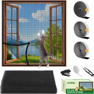 Adjustable DIY Cat Window Screen Fits Any Size Smaller Than 51"x 59", Self-Adhesive Reinforced Mesh Window Screen, with Ruler/Knife/Stapler Accessories (Black)