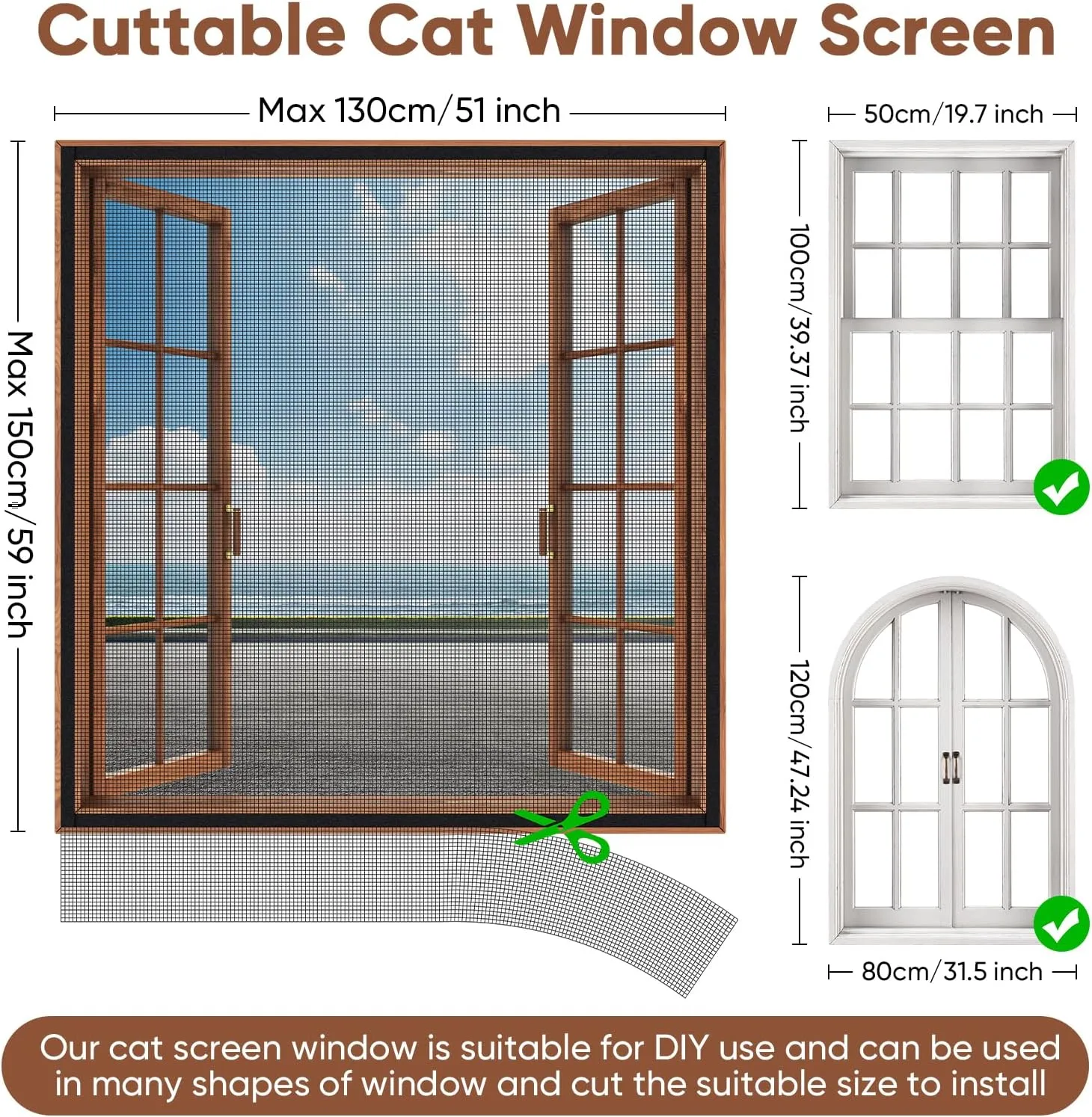 Adjustable DIY Cat Window Screen Fits Any Size Smaller Than 51"x 59", Self-Adhesive Reinforced Mesh Window Screen, with Ruler/Knife/Stapler Accessories (Black)