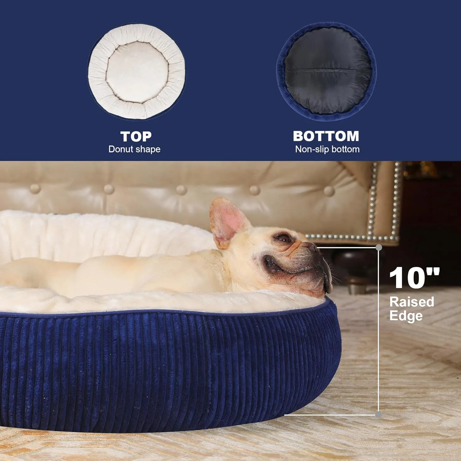 Bedfolks Donut Dog Bed,30 Inches Calming Round Dog Beds for Medium Dogs,Washable Anti Anxiety Cuddler Dog Bed with Removable Cover(Navy Blue,Medium)