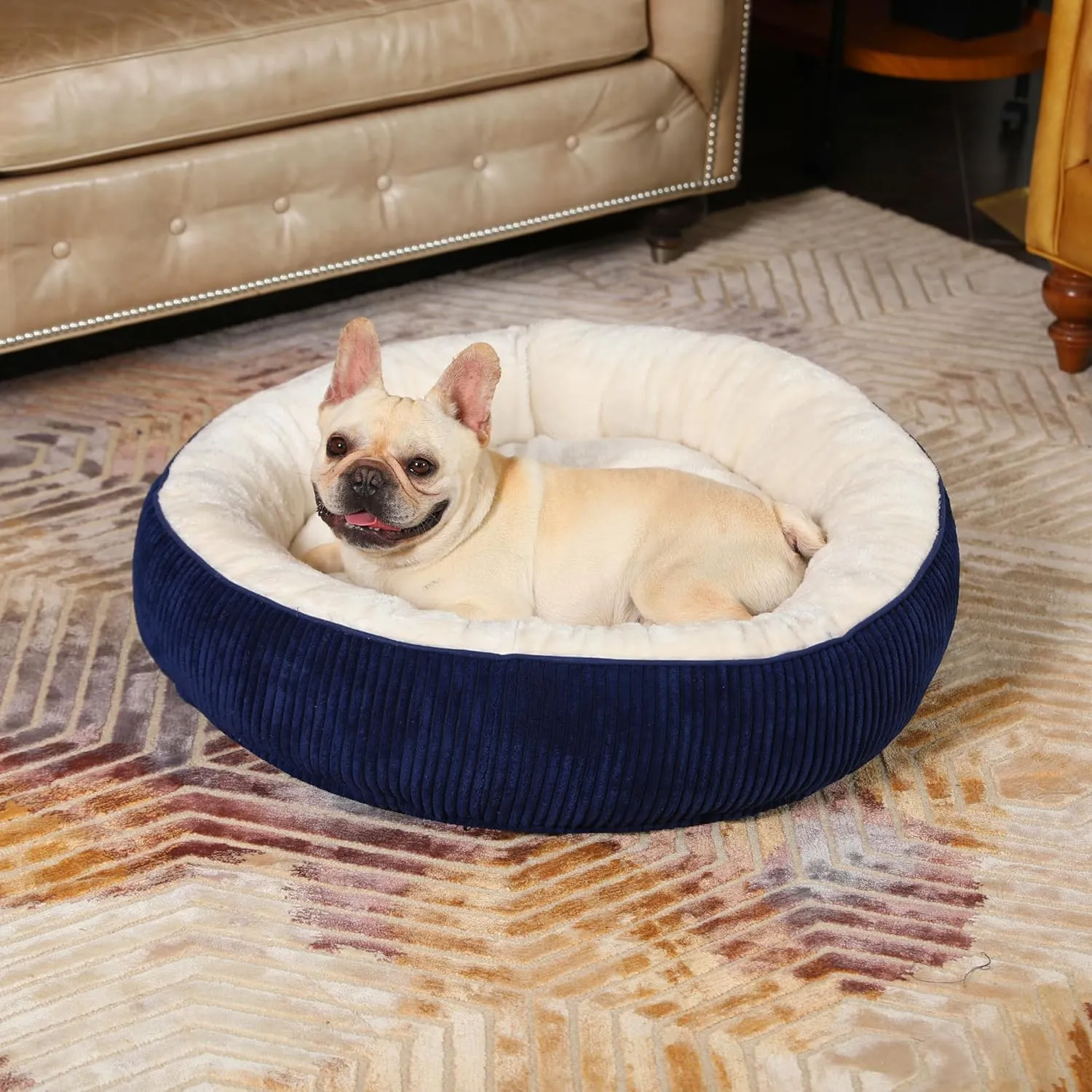 Bedfolks Donut Dog Bed,30 Inches Calming Round Dog Beds for Medium Dogs,Washable Anti Anxiety Cuddler Dog Bed with Removable Cover(Navy Blue,Medium)