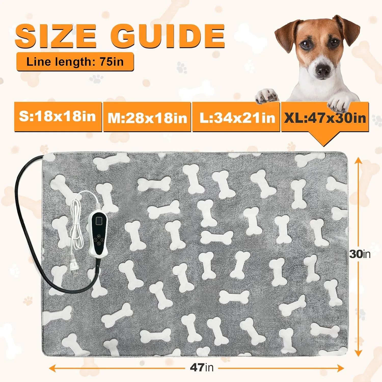 Bestio Extra Large Dog Heating Pad,47 x 30 in Waterproof Heated Dog Pad with Smart Thermostat Switch   Normal On Function (1-24 Hours),Metal Protective Tubing with a Soft Fabric Cover - Gray