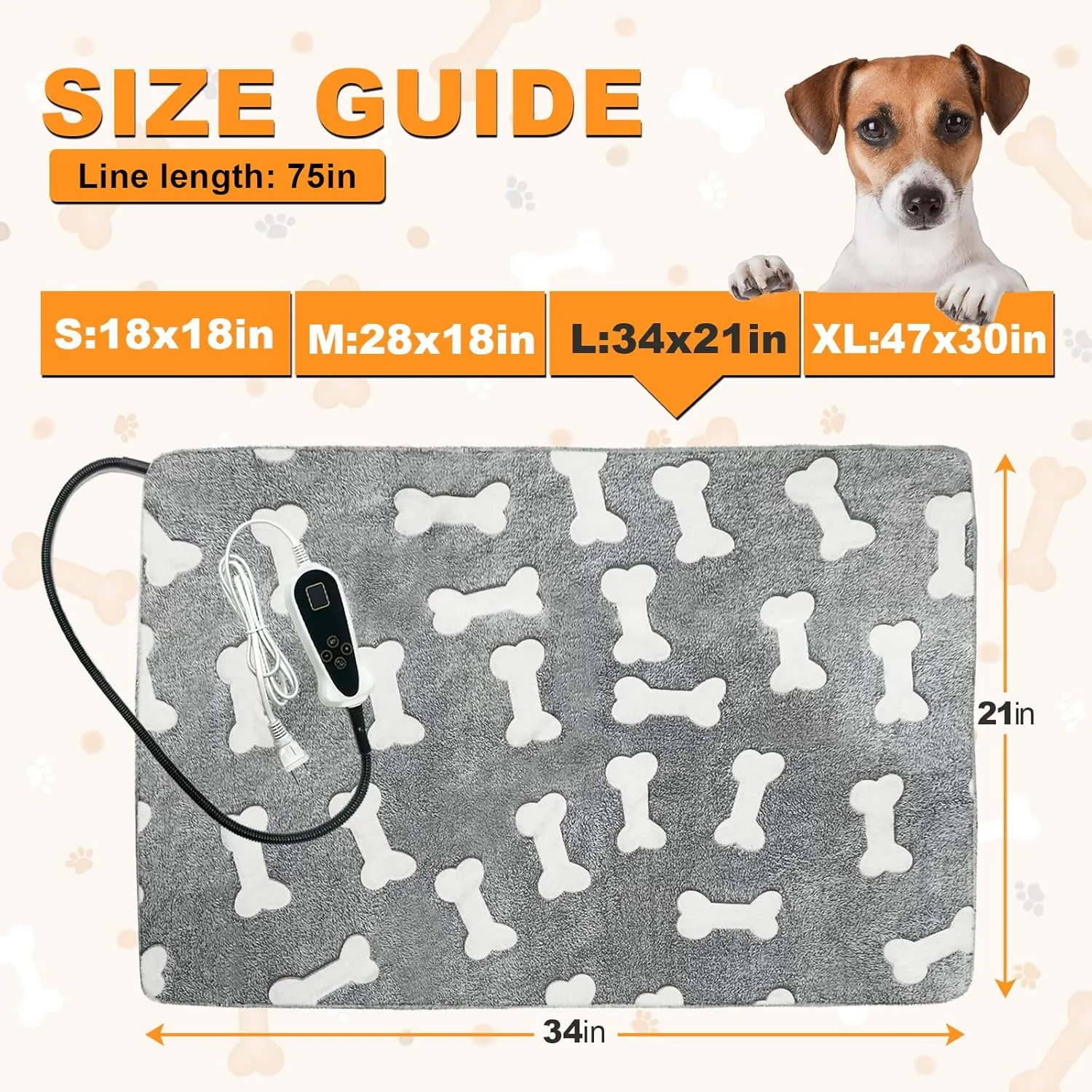 Bestio Largr Dog Heating Pad,34 x 21 in Heated Dog Bed, Adjustable Thermostat   Normally ON Function,Metal Protective Tube for Kennel & Birthing Box -Gray