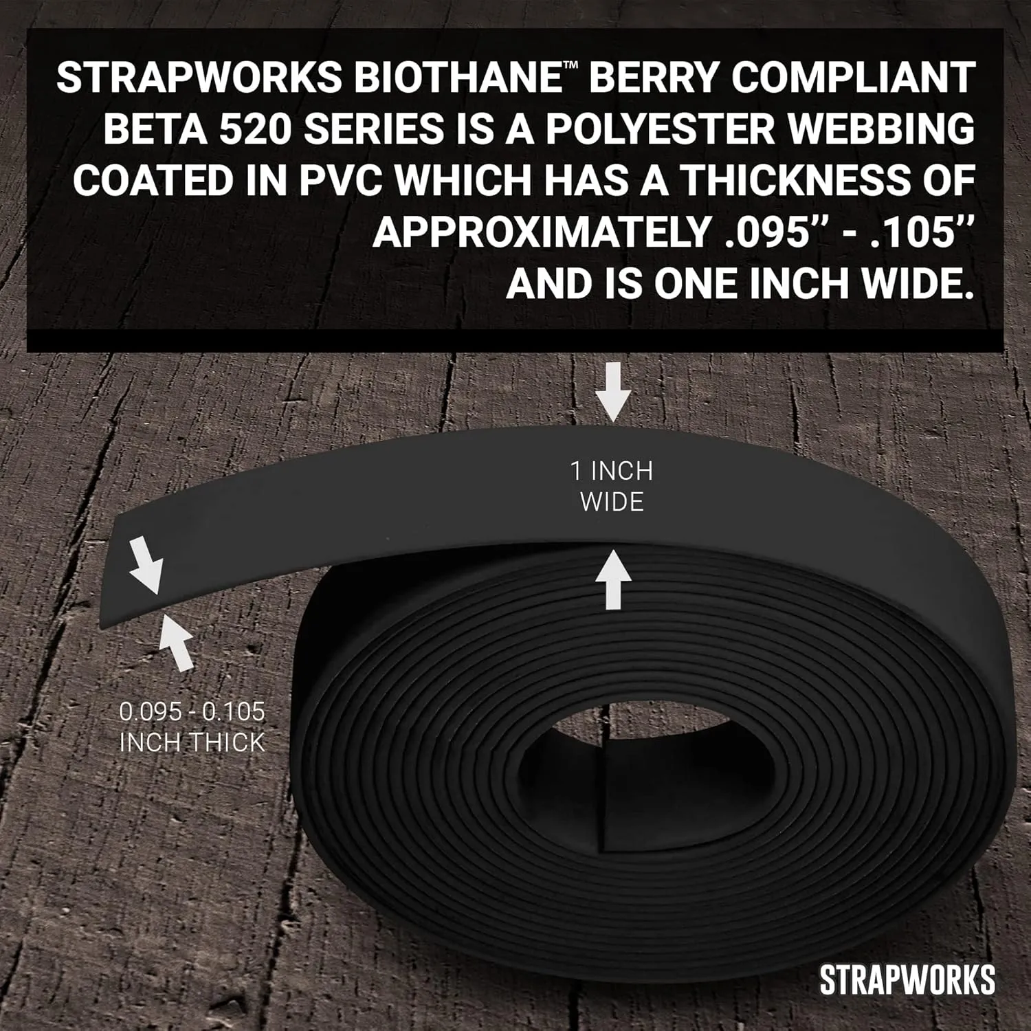 BioThane 1 Inch Heavy Duty Polyester Webbing Strap Roll PVC-Coated, Waterproof, Beta Series, 25 Feet, Black