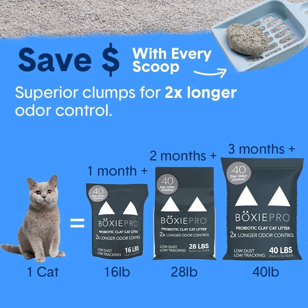 Boxie Probiotic 40 Day Natural Odor Control Cat Litter, 28lb Clumping Clay Kitty Litter