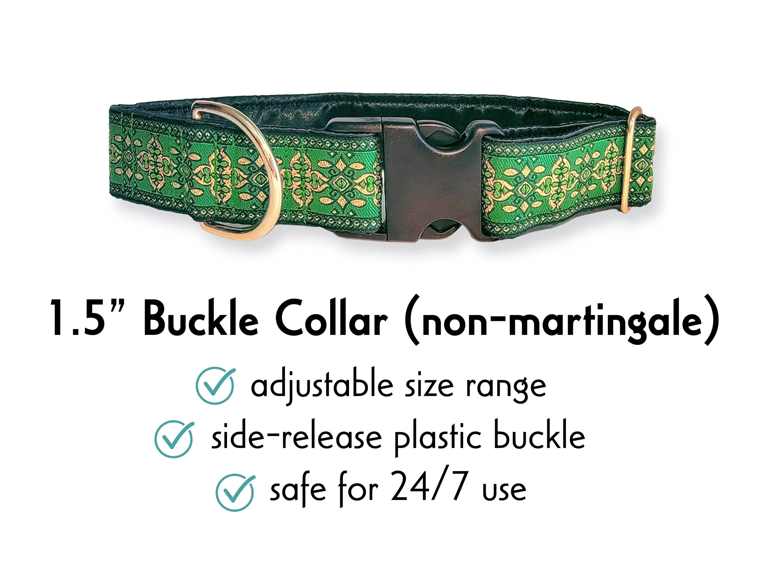 Cashel in Green & Metallic Gold - Martingale or Buckle Dog Collar - 1.5" Width