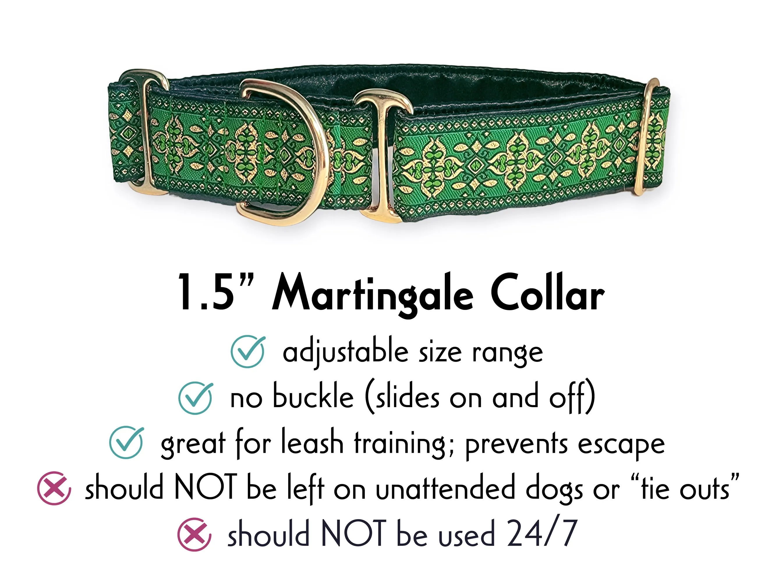 Cashel in Green & Metallic Gold - Martingale or Buckle Dog Collar - 1.5" Width