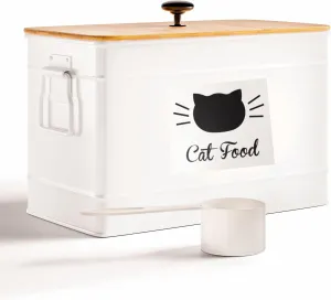Cat Food Storage Container with Scoop - 15 lb (50 Cup) Capacity Metal Cat Food Container with Airtight Bamboo Lid & Metal Scoop - Airtight Pet Food Storage Containers - 15 lb Treats & Kibble Container