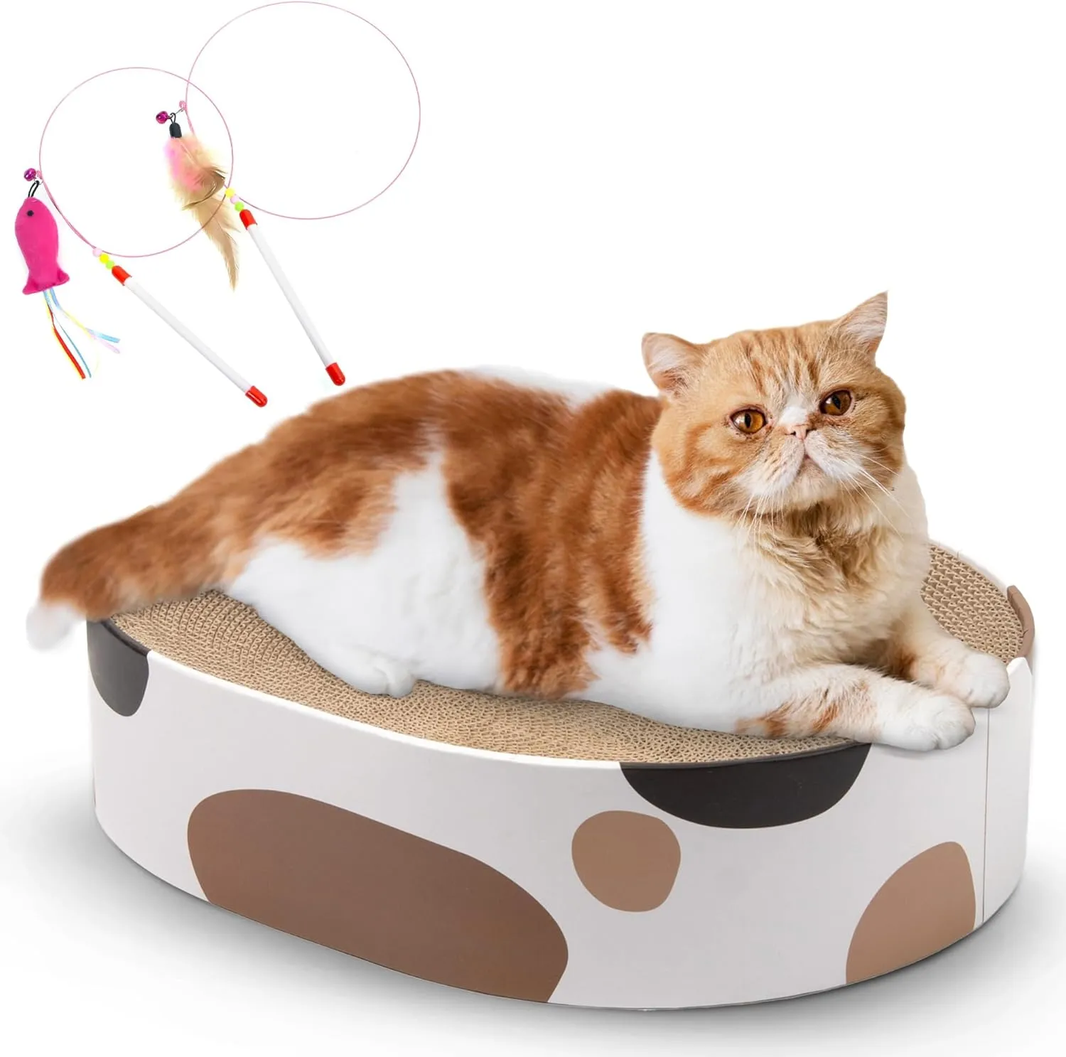 Cat Scratcher Cardboard Bed Oval Corrugated Design with Two Recycle Board for Furniture Protection, Cat Scratching Lounge Bed, Cat Scratcher Bowl & Interactive Kitty Training Toy - Milky