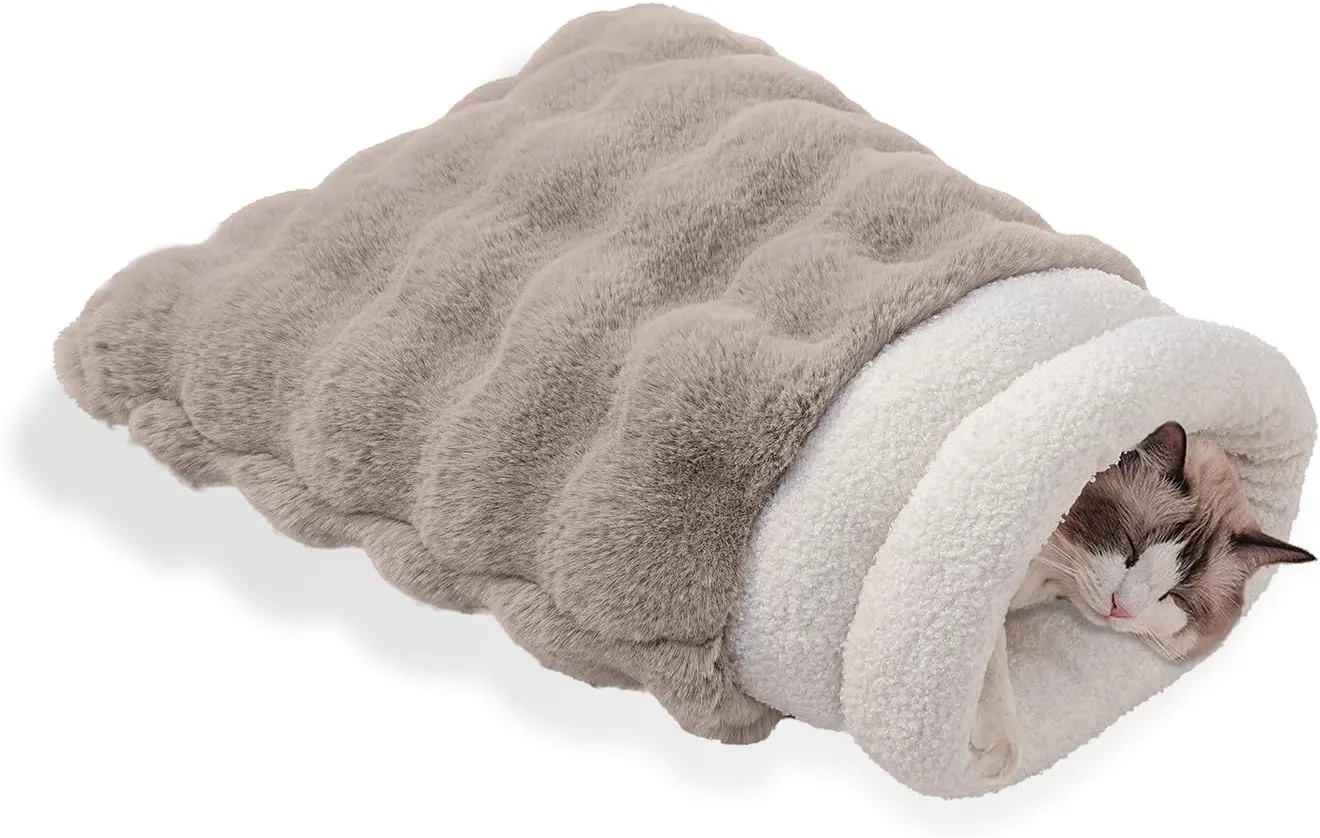 Cat Sleeping Bag for Indoor Cats Self Warming Cat Bed Fits up to 15 lbs Pets Soft Plush Warm Bed 360 Wrap Bag Washable Comfortable Pet Sleeping Bed 21"  17" Coffee