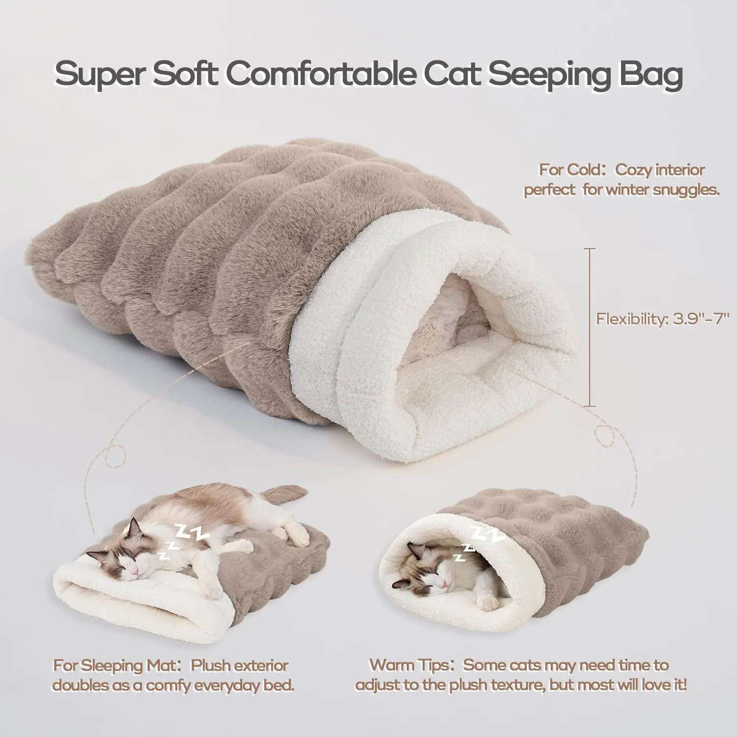 Cat Sleeping Bag for Indoor Cats Self Warming Cat Bed Fits up to 15 lbs Pets Soft Plush Warm Bed 360 Wrap Bag Washable Comfortable Pet Sleeping Bed 21"  17" Coffee