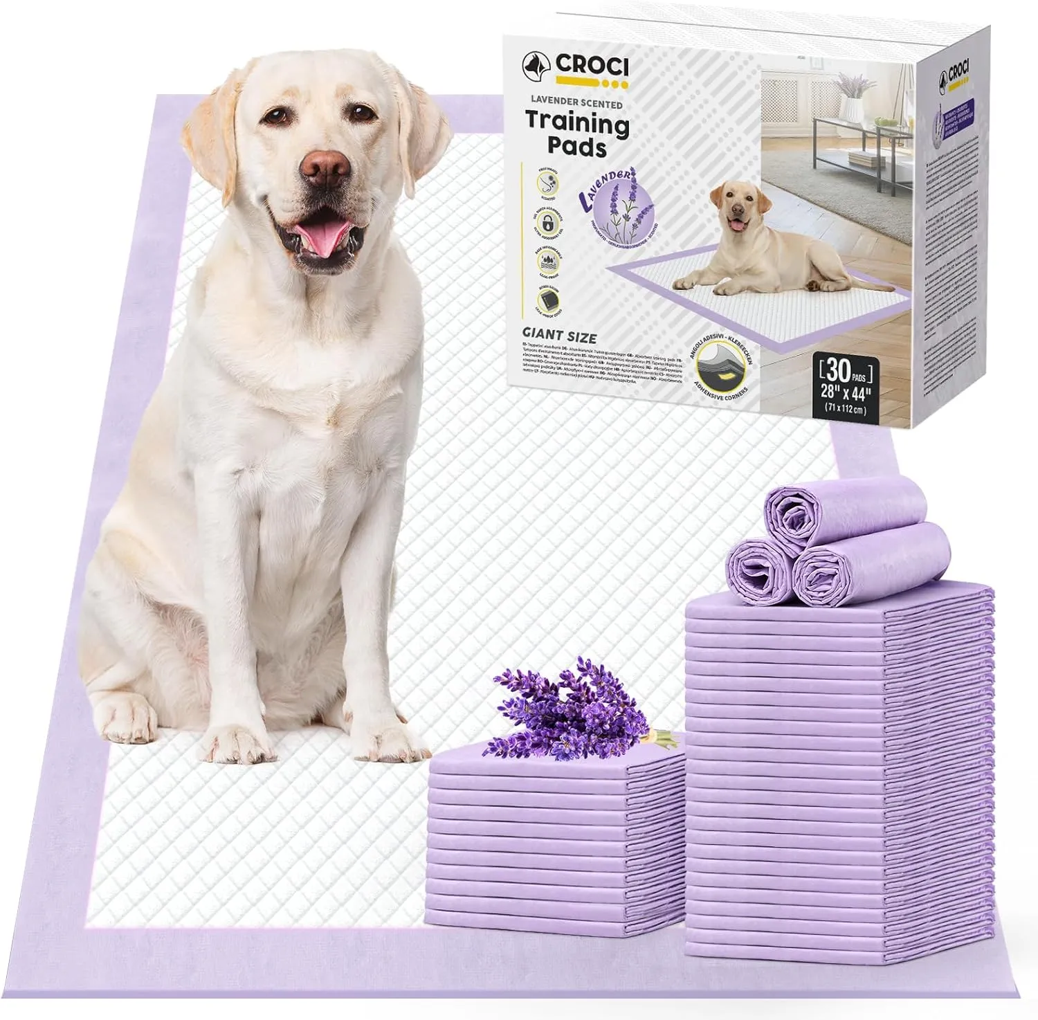 CROCI Dog Pads Lavender Scented 28x44in Pee Pads for Dogs with Odor Eliminating Thicken Super Absorbent Up to 12 Cups, Disposable (30 Counts)