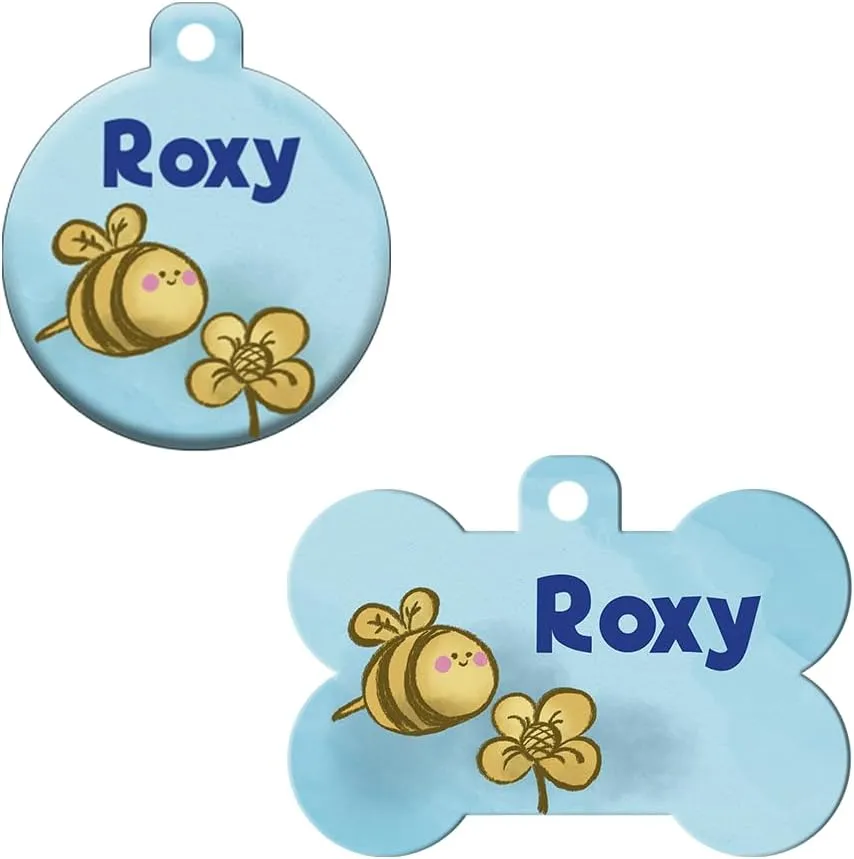 Cute Dog Cat Pet ID Tag - Your Pets Name on The Front and Your Contact Info on The Back - Round or Dog Bone Shape (Bumblebee)