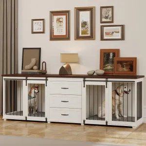 Dog Crate Furniture - Farmhouse Wooden Dog Kennel with Double Sliding Barn Doors & 3 Drawer, 95x23x32H, White