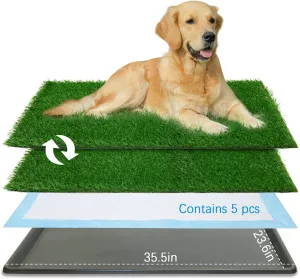 Dog Grass Pad with Tray,35.5 x 23.6 Indoor Dog Potty System 2 Pics Replacement Artificial Grass Mats-5 Pics Disposable Puppy Pads,for Puppy Training Apartment,Balcony and Apartment Use