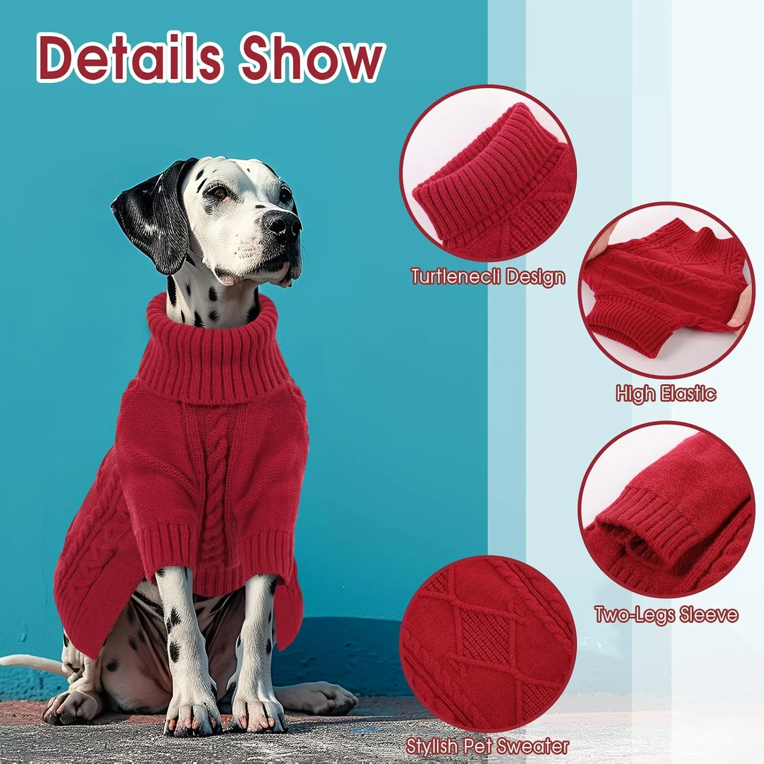 Dog Sweaters for Medium Dogs, Turtleneck Long Sleeve Knitted Dog Sweater with Check Pattern, Fall Winter Warm Dog Sweaters for Medium Large Dogs, Solid Pull-on Pet Sweater for DogsRed M