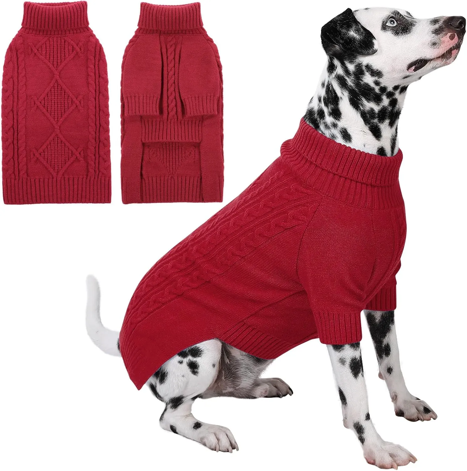 Dog Sweaters for Medium Dogs, Turtleneck Long Sleeve Knitted Dog Sweater with Check Pattern, Fall Winter Warm Dog Sweaters for Medium Large Dogs, Solid Pull-on Pet Sweater for DogsRed M