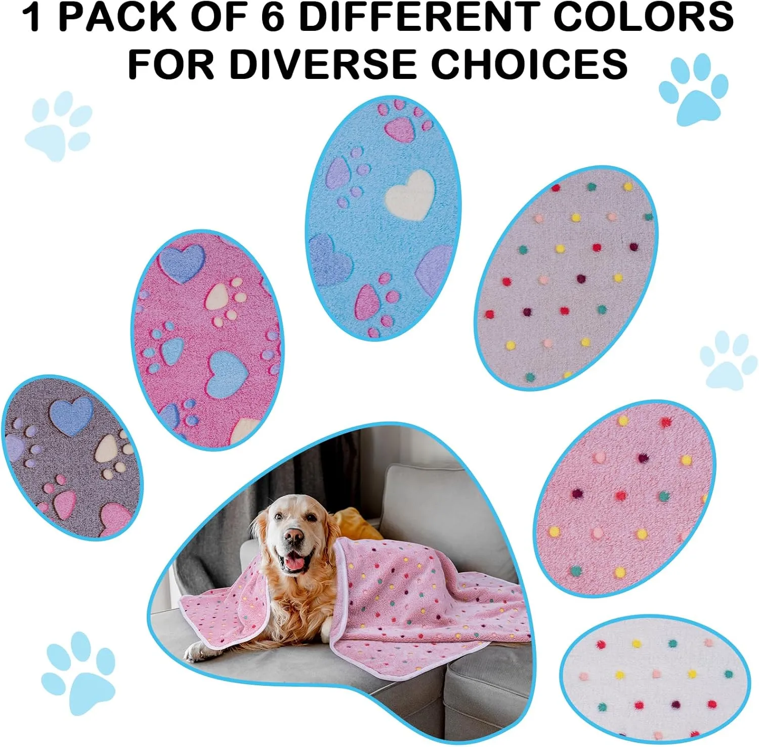 Dono 1 Pack 6 Dog Blankets, Soft Fluffy Fleece Pet Blanket Warm Sleep Mat Paw Print Design Puppy Kitten Throw Blankets Doggy Blanket for Dogs