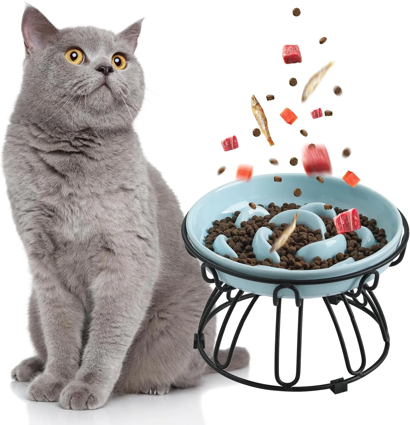 Elevated Slow Feeder Cat Bowl - Ceramic Cat Food Dish with Metal Stand, Anti-Slip - Pastel Series Slow Feeding Plate - 7 OZ - Pale Blue