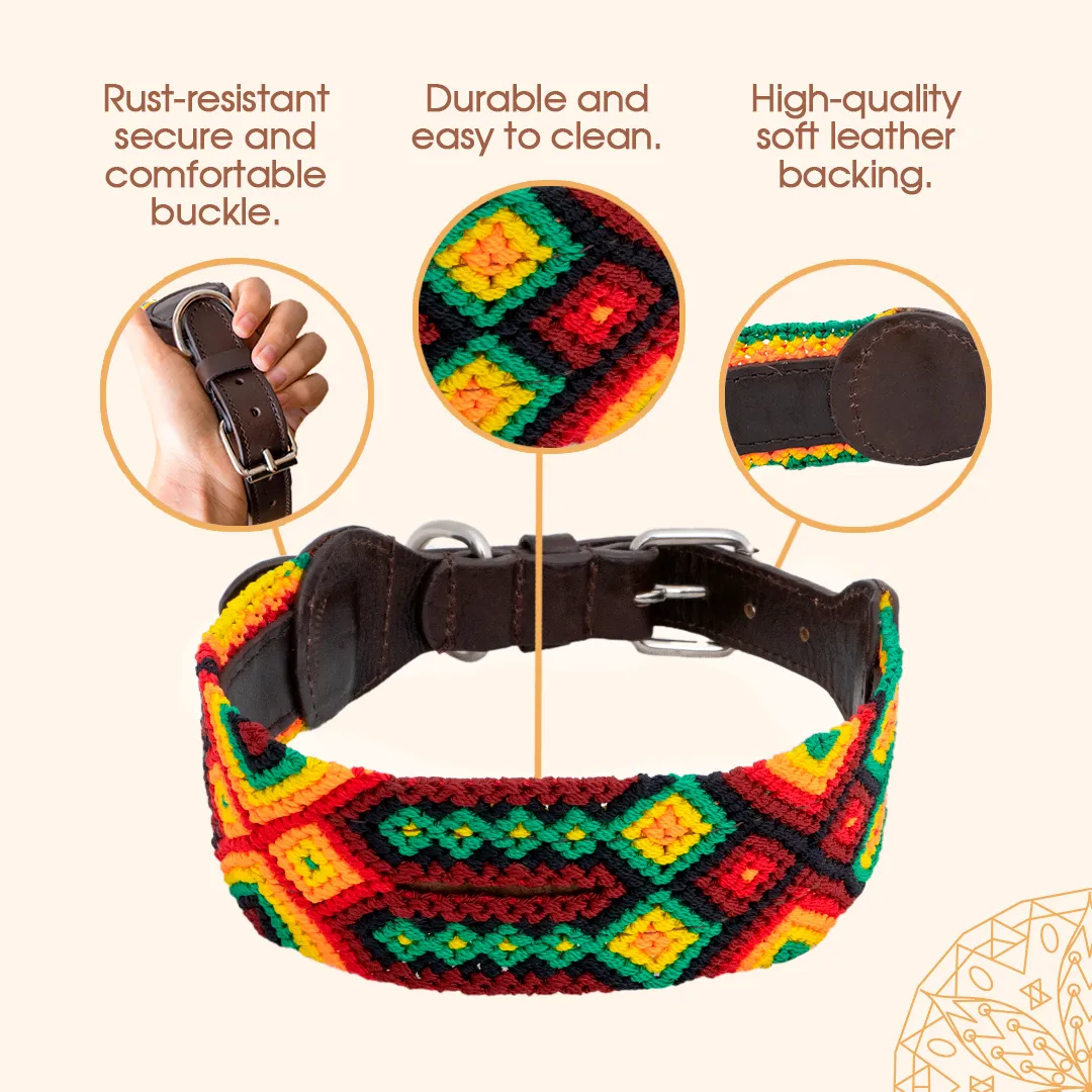 Embroidered Dog Collar - Genuine Leather | Rasta