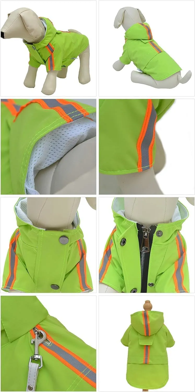 Fashion Hooded Pet Dog Raincoat, Lightweight Dog Rain Jacket Zipper Closure Rain Poncho with Reflective Strip for Pug French Bulldog Green B-S