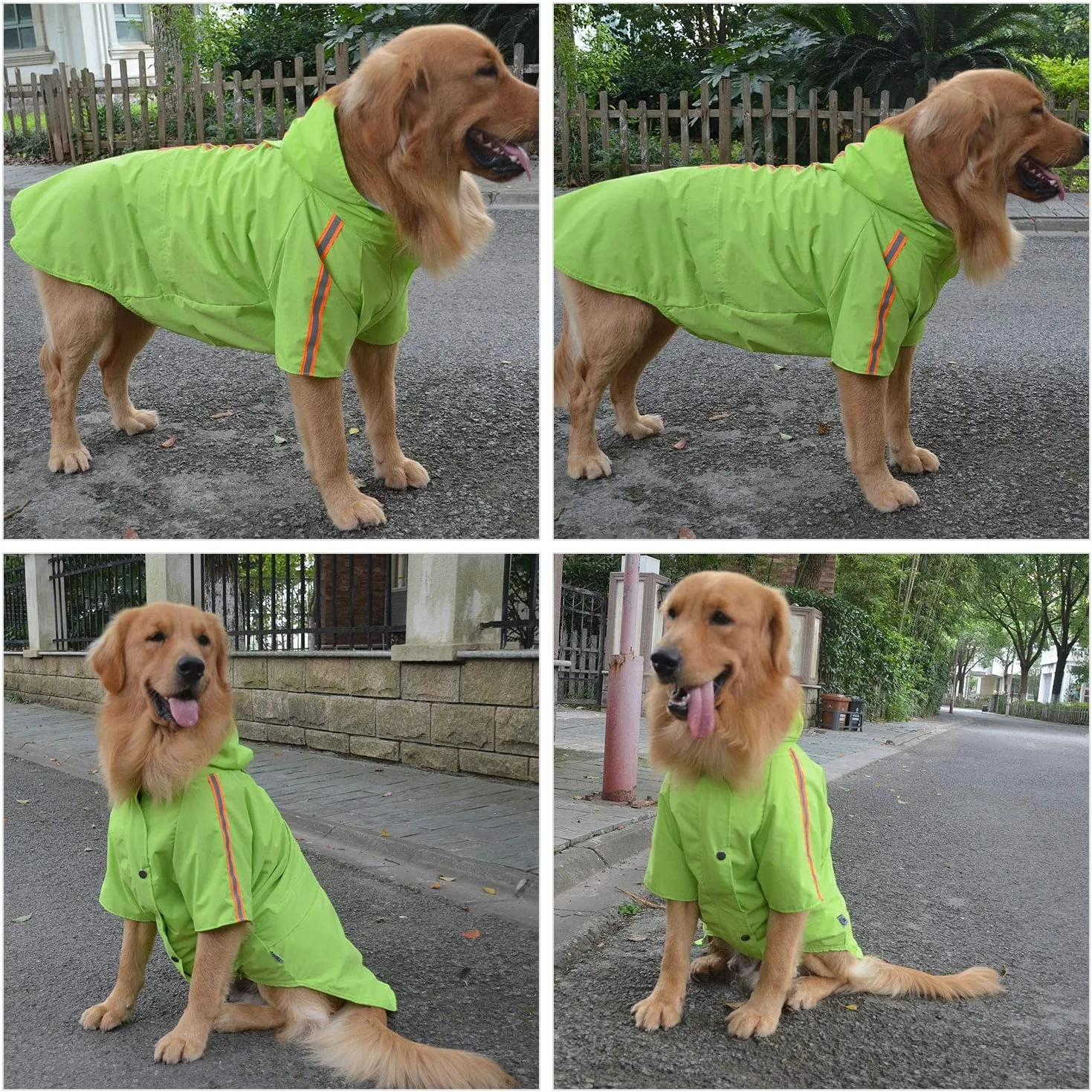 Fashion Hooded Pet Dog Raincoat, Lightweight Dog Rain Jacket Zipper Closure Rain Poncho with Reflective Strip for Pug French Bulldog Green B-S