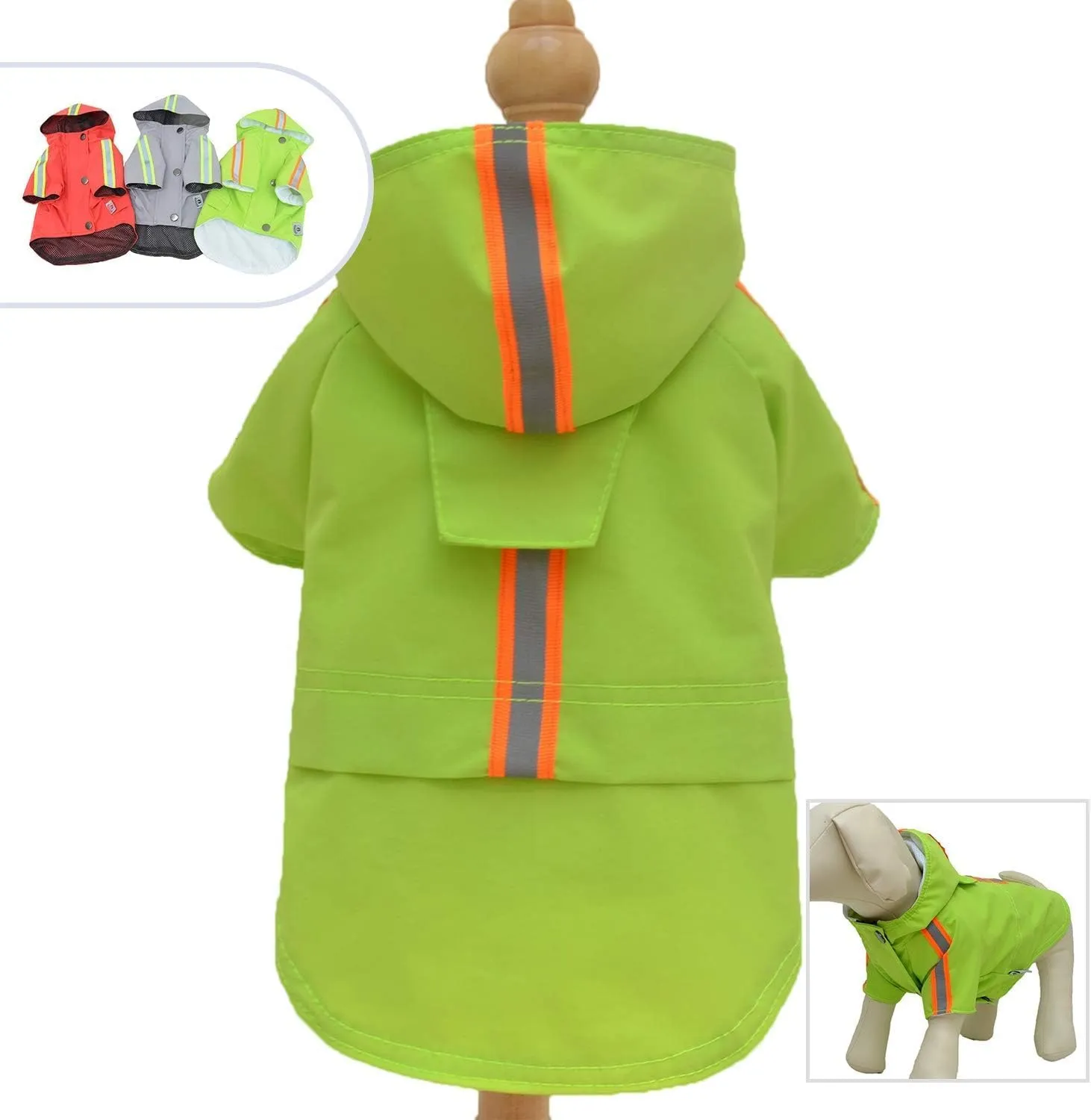 Fashion Hooded Pet Dog Raincoat, Lightweight Dog Rain Jacket Zipper Closure Rain Poncho with Reflective Strip for Pug French Bulldog Green B-S