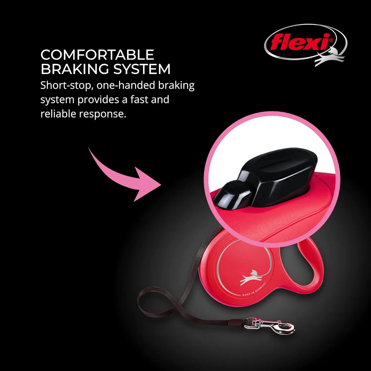FLEXI New Classic Tape Retractable Dog Leash for Large Dogs Upto 110 lbs.  16 ft., Red | Tangle Free Pet Walking Leash with One-Handed Brake, Pause, Lock|German Quality Product