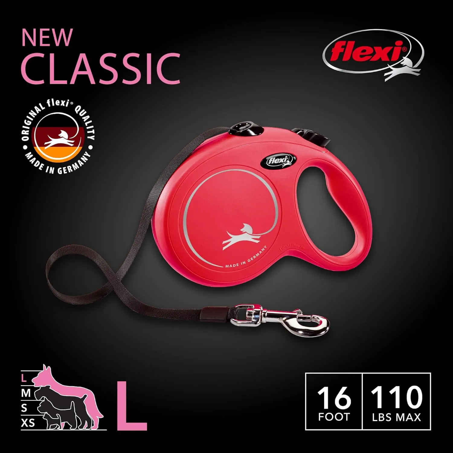 FLEXI New Classic Tape Retractable Dog Leash for Large Dogs Upto 110 lbs.  16 ft., Red | Tangle Free Pet Walking Leash with One-Handed Brake, Pause, Lock|German Quality Product