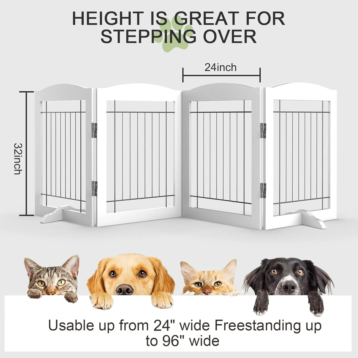 Free Standing Dog Gate Indoor, 32 inch Dog Fences Indoor for Doorways, 4 Panels Foldable Pet Gate for Stairs with Support Feet