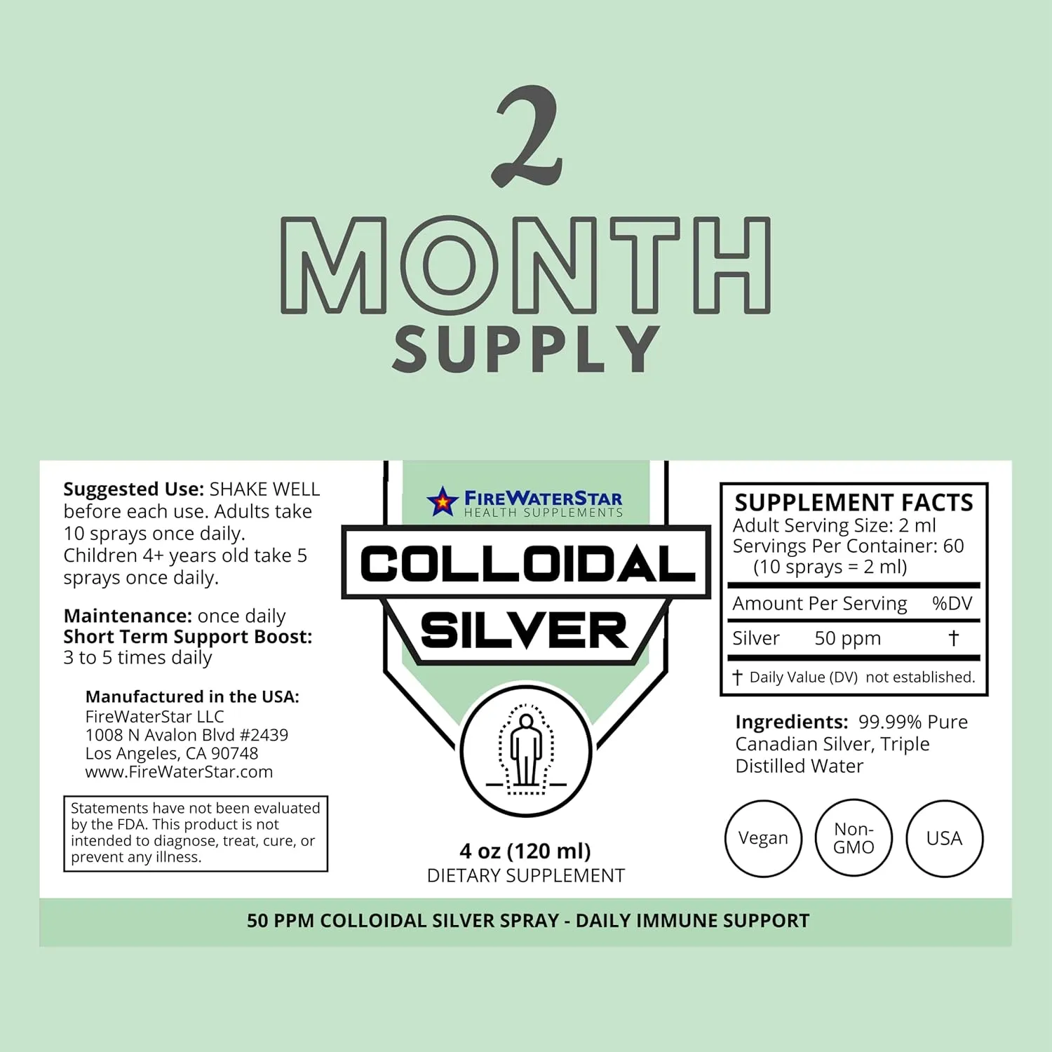 FWS Colloidal Silver Spray - 4 oz - Clear Silver - 50 ppm - 99.99% Pure Silver - Daily Immune Support