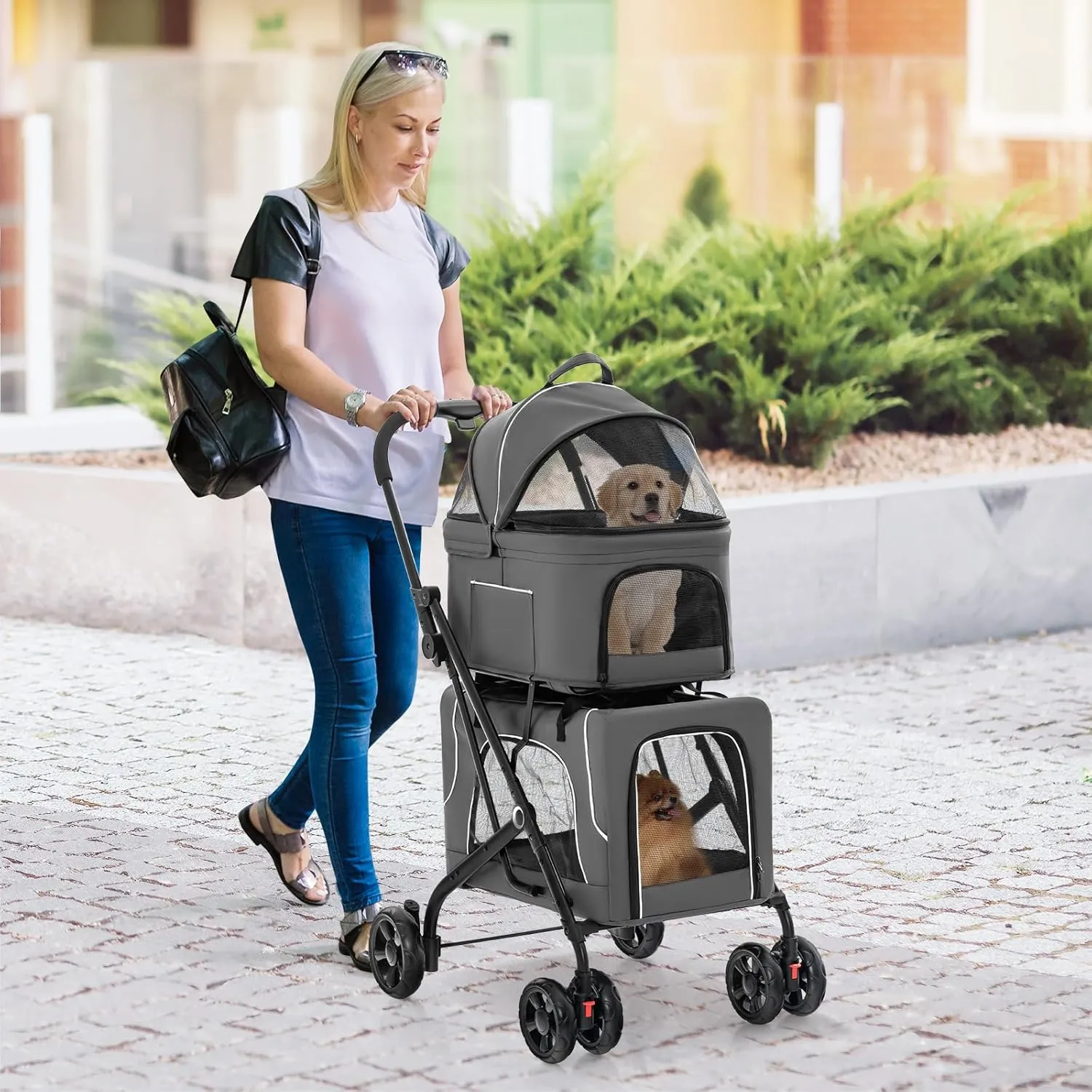 Giantex Double Dog Stroller for 2 Dogs, Detachable Carriers, Safety Belt, 4 Lockable Wheels, Pet Travel Carrier Strolling Cart, Folding Cat Stroller for Small Medium Pets Dogs (Gray)