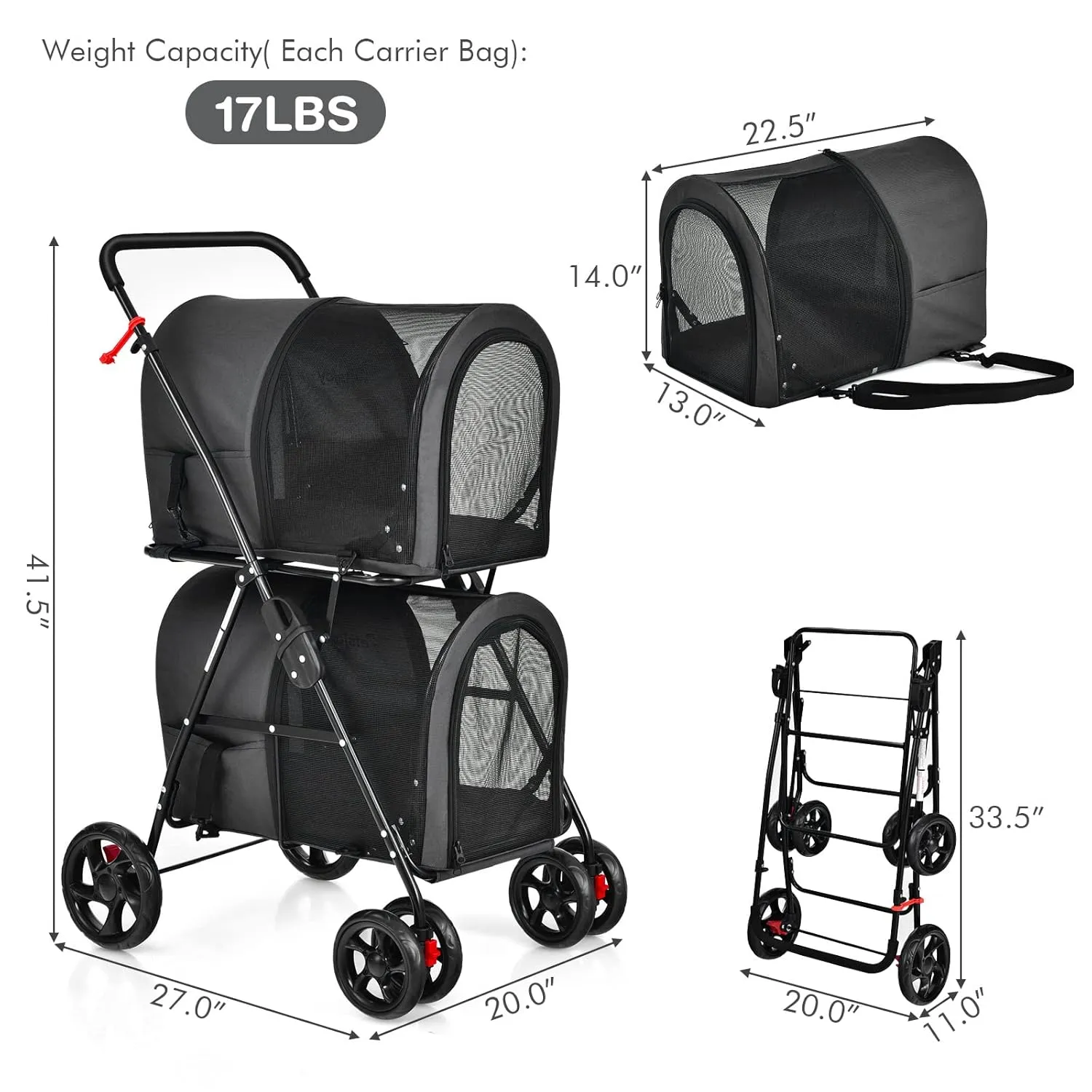 Giantex Double Pet Stroller with 2 Detachable Carrier Bags, Safety Belt, 4 Lockable Wheels, Folding Cat & Dog Stroller for Small Medium Pets, Cats Dogs Puppy Travel Strolling Cart (Black)