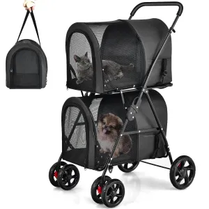 Giantex Double Pet Stroller with 2 Detachable Carrier Bags, Safety Belt, 4 Lockable Wheels, Folding Cat & Dog Stroller for Small Medium Pets, Cats Dogs Puppy Travel Strolling Cart (Black)
