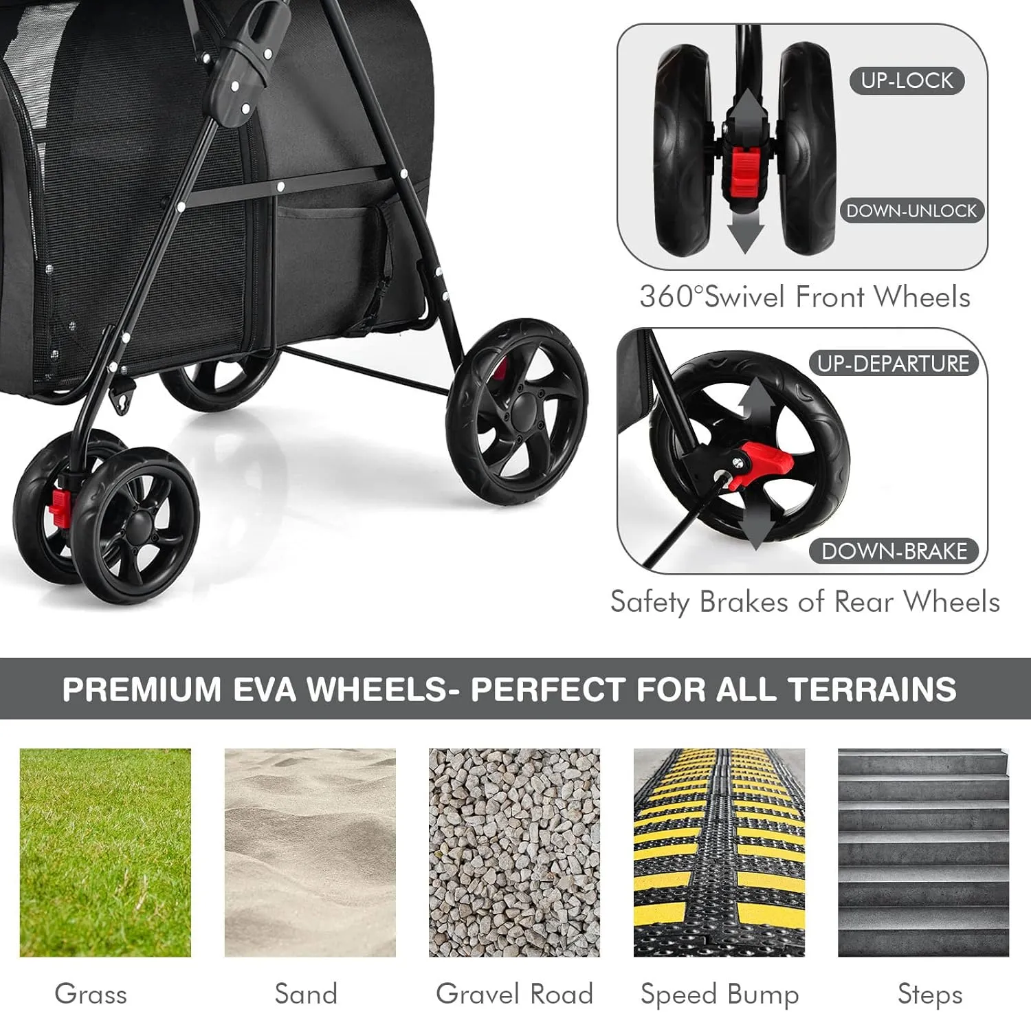 Giantex Double Pet Stroller with 2 Detachable Carrier Bags, Safety Belt, 4 Lockable Wheels, Folding Cat & Dog Stroller for Small Medium Pets, Cats Dogs Puppy Travel Strolling Cart (Black)