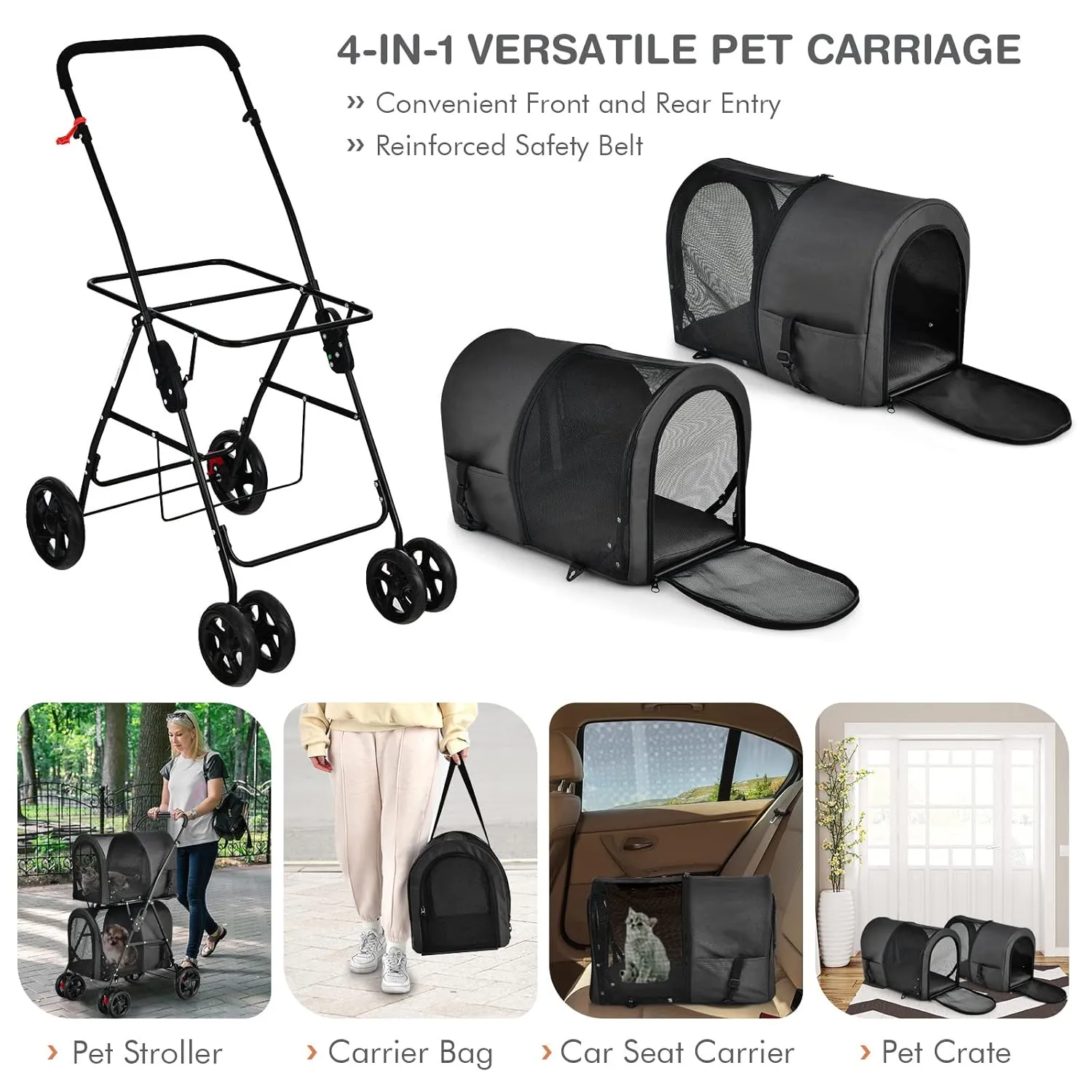 Giantex Double Pet Stroller with 2 Detachable Carrier Bags, Safety Belt, 4 Lockable Wheels, Folding Cat & Dog Stroller for Small Medium Pets, Cats Dogs Puppy Travel Strolling Cart (Black)