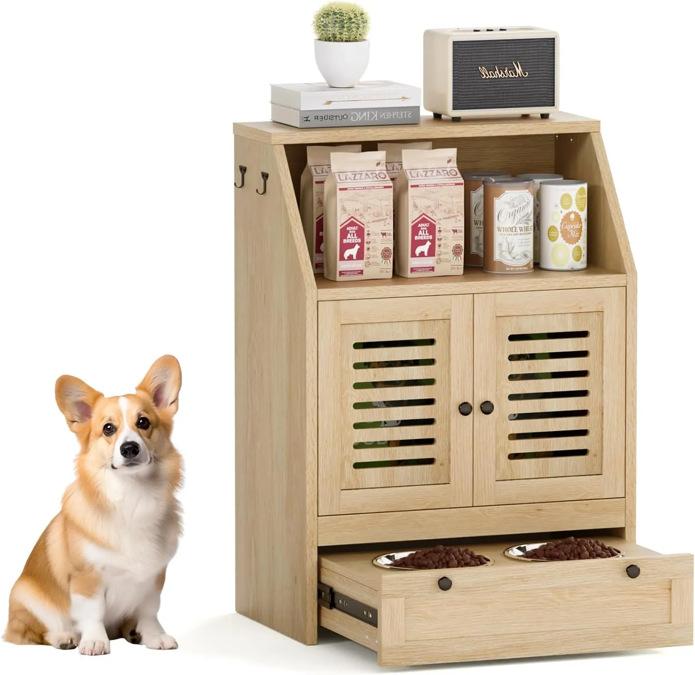 Giluta Dog Feeding Station, Food Cabinet Furniture with 2 Dog Raised Bowls, Dog Food Storage Pet Feeder Cabinet Container for Feeding&Watering Supplies,Natural Wood
