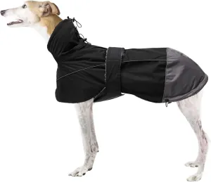 Greyhound Lurcher Winter Coat, Whippet Jacket with Padded Fleece, Water Resistant Dog Snowsuit with Adjustable Bands and High Reflective be Safety - Black - XL