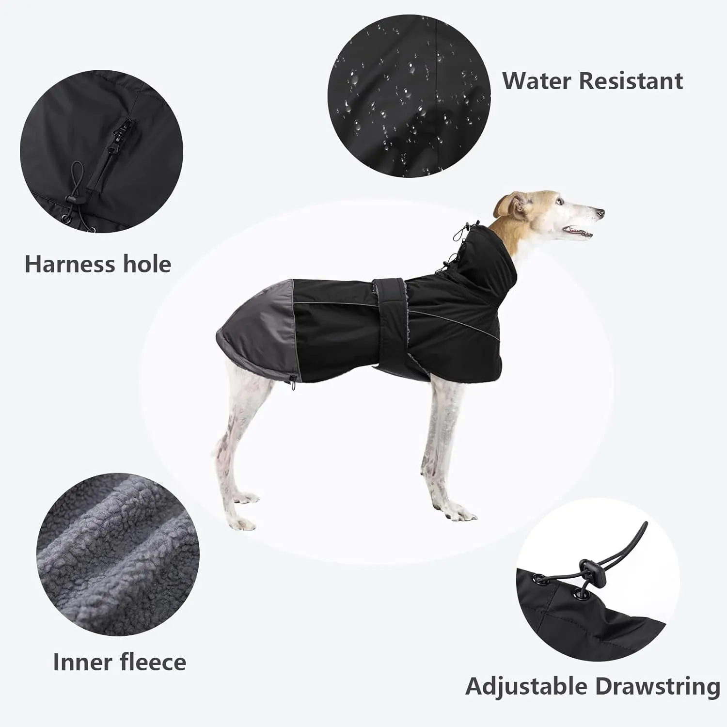 Greyhound Lurcher Winter Coat, Whippet Jacket with Padded Fleece, Water Resistant Dog Snowsuit with Adjustable Bands and High Reflective be Safety - Black - XL