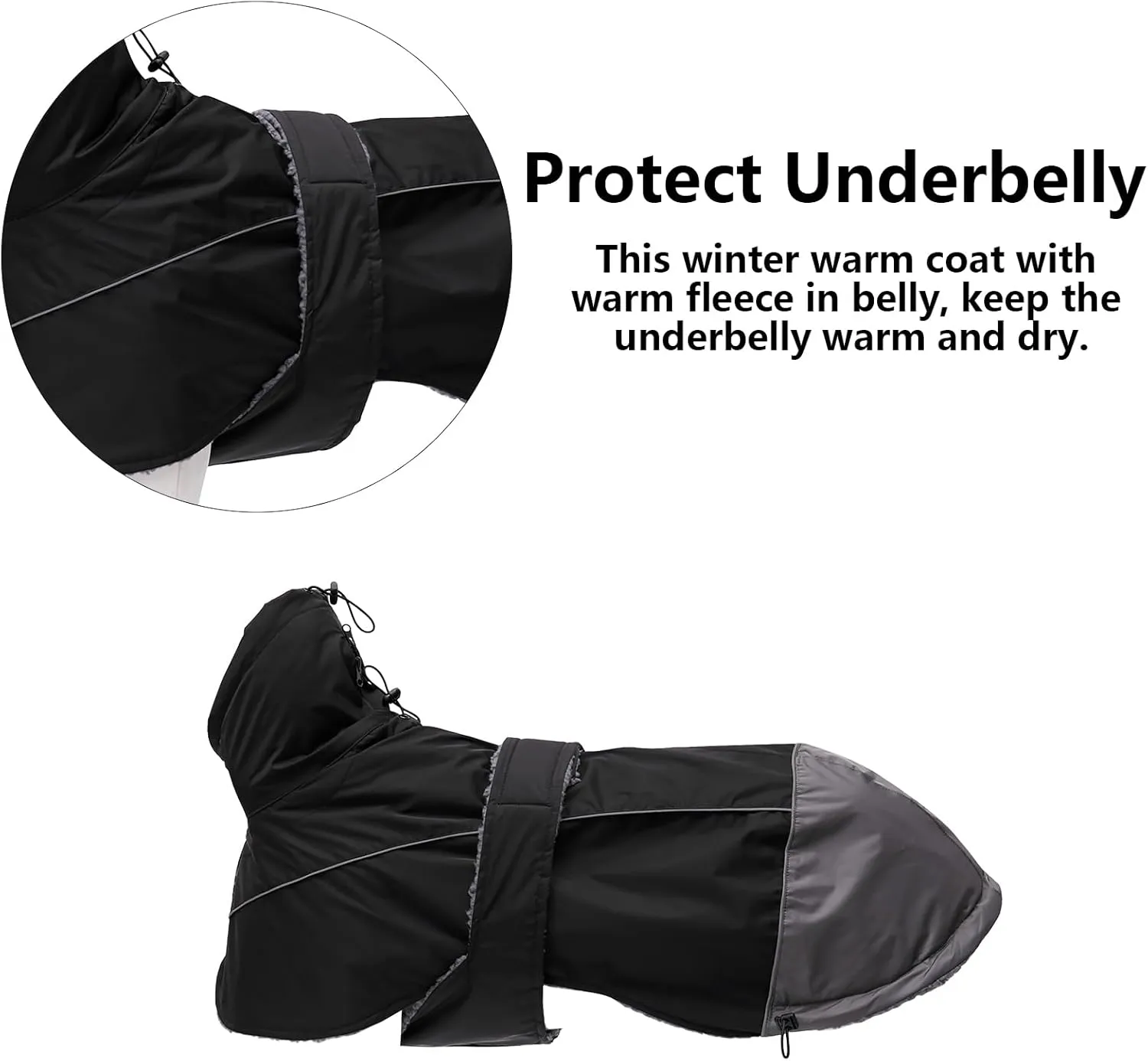 Greyhound Lurcher Winter Coat, Whippet Jacket with Padded Fleece, Water Resistant Dog Snowsuit with Adjustable Bands and High Reflective be Safety - Black - XL
