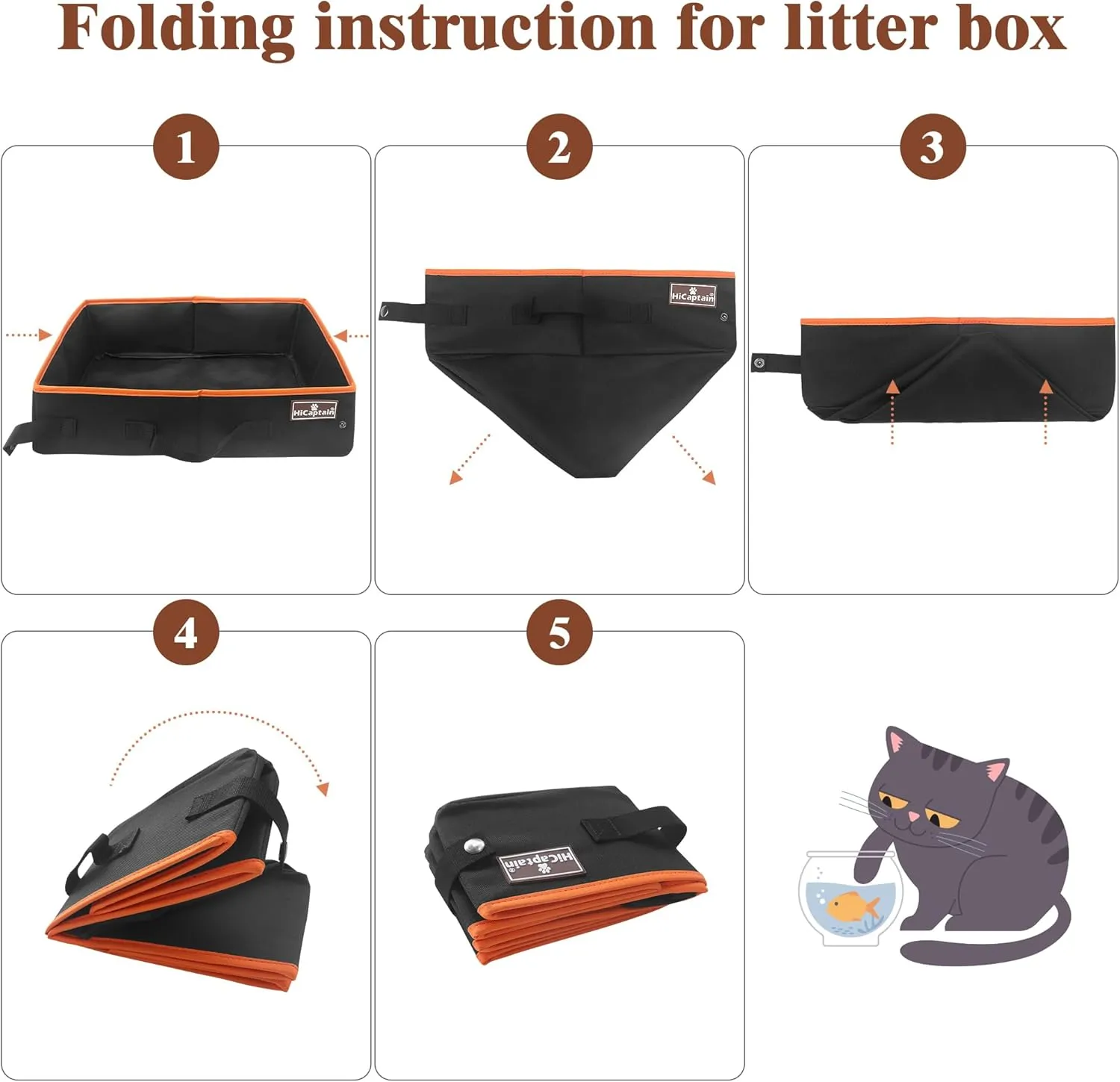 HiCaptain Portable Cat Travel Litter Box, Collapsible Cat Litter Carrier Tray, Waterproof Litter Box for Outdoor Fit Medium Cats and Kitties, Leak-Proof, Sturdy, Lightweight-Black