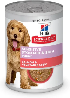 Hill's Science Diet Sensitive Stomach & Skin, Puppy, Wet Dog Food, Salmon & Vegetable Stew, 12.5 oz. Cans, Case of 12